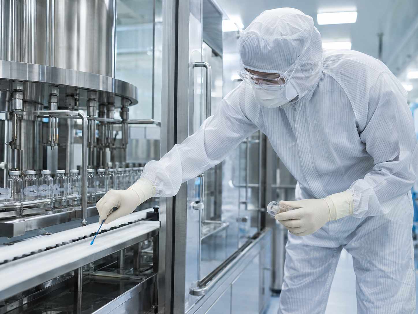 Gowned technician surface sampling a fill line for drug product residue