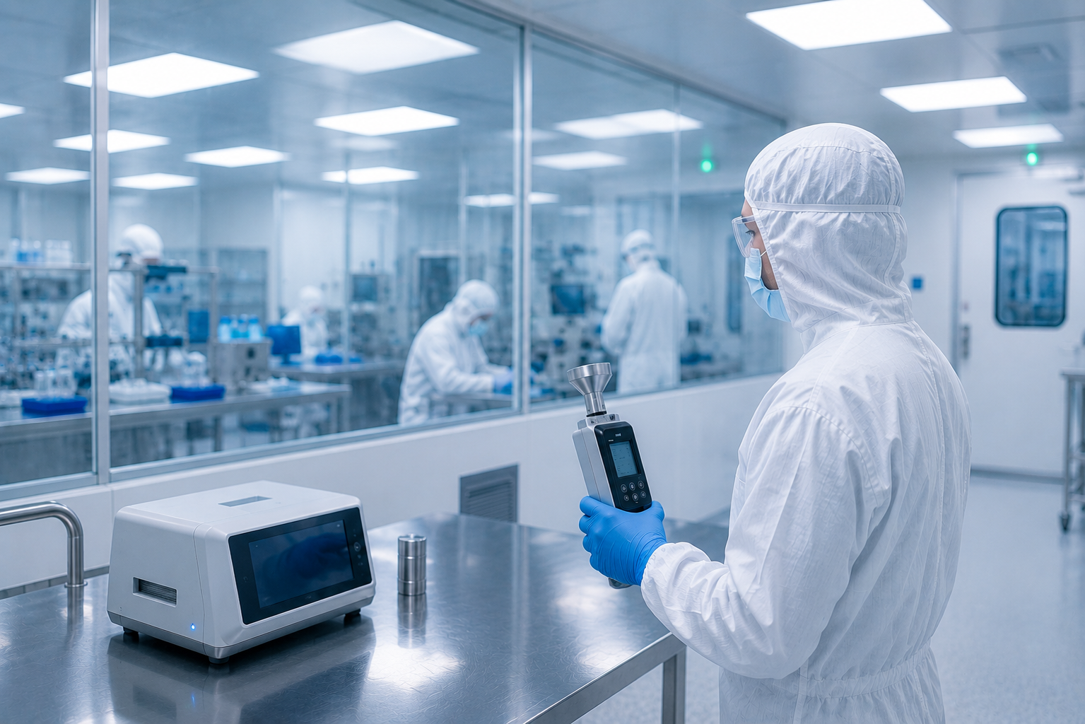 Manufacturing site with gowned person testing cleanroom